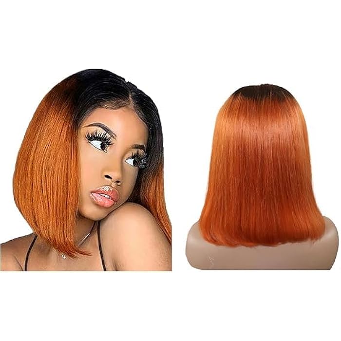 ECIF Hum an Hai Lace Wig Bob Straight HairBlonde 4x4 Free Part Lace Closure Wig Black to Orange Ombre Wig Transparent Lace Wig 1B/Orange Ombre WigS for Black Women 8 Inches (20.23 cm) - Image 1